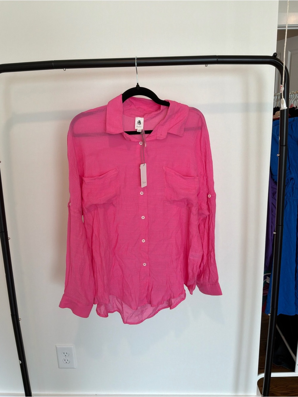 Sheer Button-Front Pink Blouse with Chest Pockets